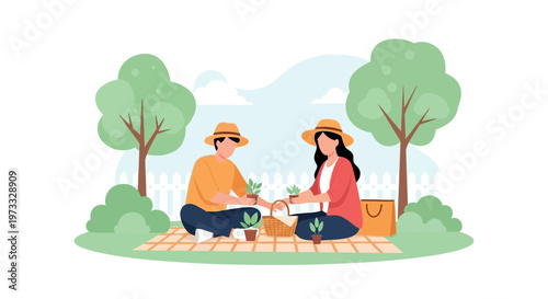 Couple planting plants on picnic blanket in park, enjoying hobby and nature