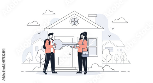 Couple receives house keys from realtor in front of new home, real estate transaction concept