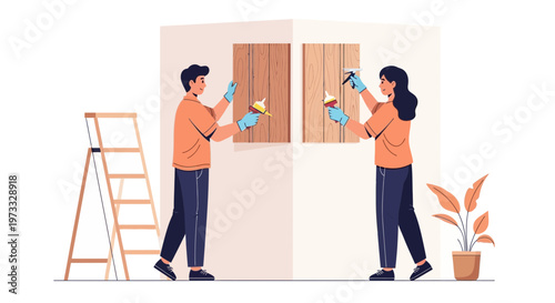 Couple Renovating Home: Painting Walls and Furniture with Tools and Ladder