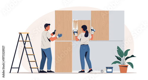 Couple renovating home, painting wall and installing wood panels, DIY home improvement