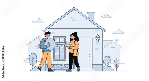 Couple receiving keys to new house, real estate purchase, home ownership concept