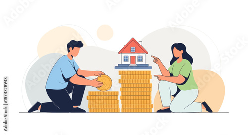 Couple saving money for house, stacking coins, financial planning for home ownership