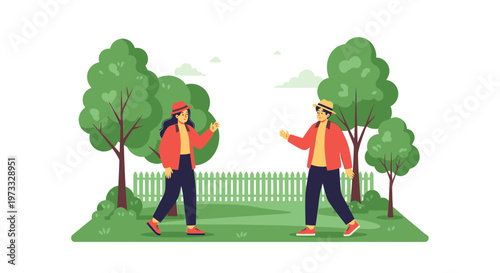 Couple walking in park, social distancing, enjoying nature, summer day, flat illustration