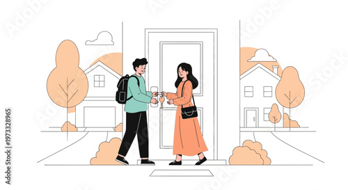 Couple toasting with wine glasses at front door, moving in together, new home celebration