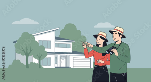 Couple with binoculars looking at a modern house, property inspection, real estate