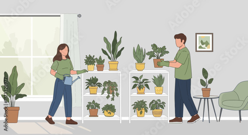 Couple watering and arranging houseplants, creating a green indoor oasis