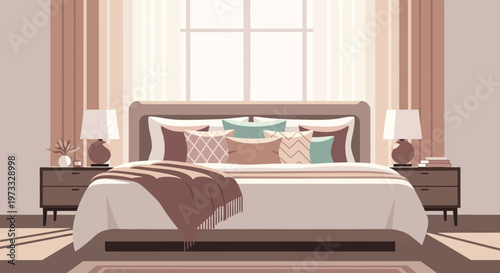 Cozy Bedroom Interior with King Size Bed, Pillows, Throw Blanket, and Lamps