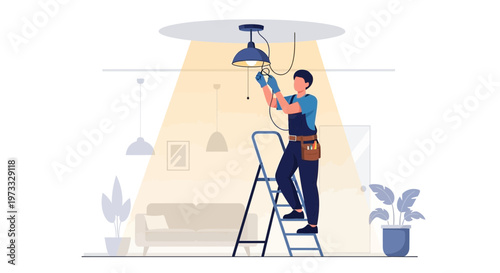 Electrician installing ceiling light fixture on ladder in modern room, home renovation concept