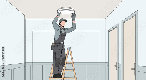 Electrician installing ceiling light fixture on ladder in modern interior
