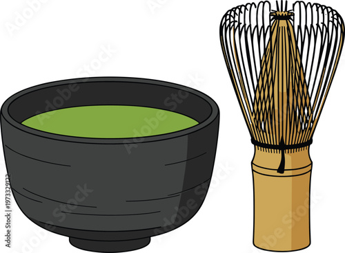 Minimalist matcha tea bowl and bamboo whisk vector illustration for Japanese tea ceremony design