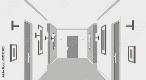 Empty Hallway with Doors and Pictures, Minimalist Interior Design