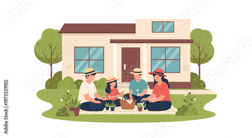 Family Picnic in Front of House, Outdoor Leisure Activity, Summer Day
