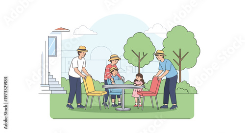 Family enjoying outdoor lunch in a garden, summer day, relaxation, quality time