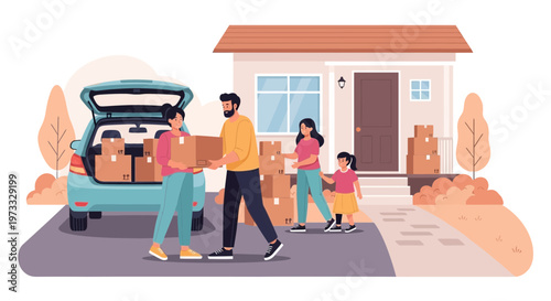 Family Moving House, Unpacking Boxes from Car to New Home