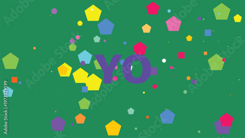 Colorful geometric shapes, confetti background, vibrant party design, green