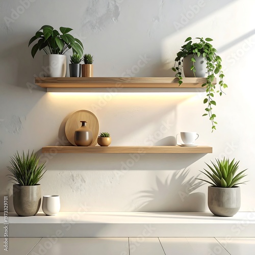 A minimalist, sunlit interior scene displays wooden shelves adorned with potted greenery and decorative items, offering a serene ambiance