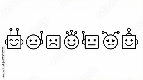 Vector illustration of seven robot face icons in minimalist line style.