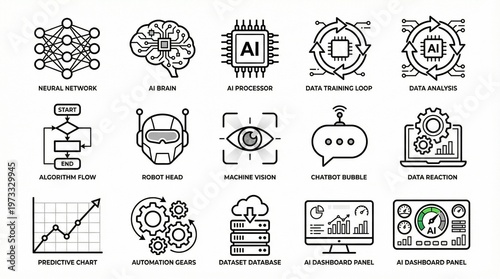 Vector illustration of fifteen AI and data science icons in minimalist line style.