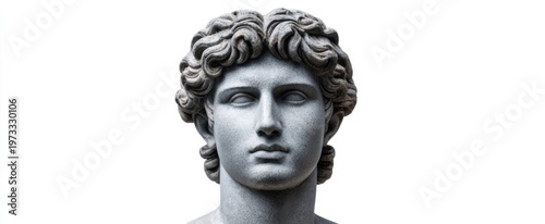 Granite bust of an ancient man on white classic Roman art for cultural studies.
