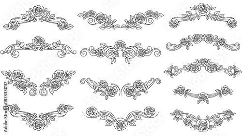 Elegant set of black and white rose floral dividers and decorative borders for use in weddings, vintage invitations, and stationery.