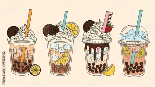 Four different bubble tea or boba drink illustrations featuring various toppings like whipped cream, cookies, fruit, and ice cubes.