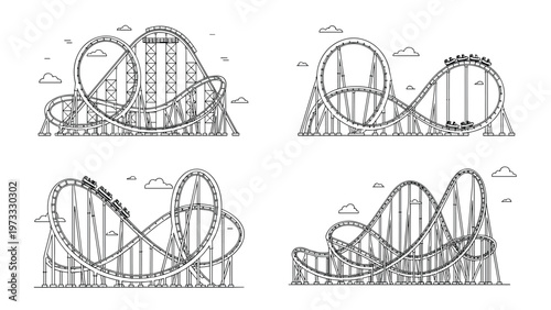 Four different roller coaster track designs in a clean black line art style, showing various loops, drops, and support structures for a park.