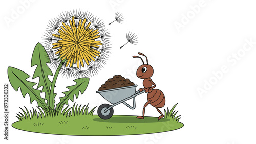 Cute cartoon ant pushing a wheelbarrow full of dirt on a green grass patch next to a large dandelion flower with seeds flying in the air.