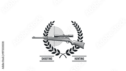 Hunting and shooting emblem featuring a rifle with a scope in front of a laurel wreath and a target symbol with text labels on white.