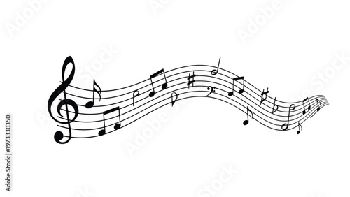 Musical notes flowing along a wavy staff line to show a dynamic melody with various symbols like the treble clef and sharps on white.