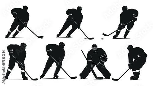 Black silhouettes of ice hockey players in various action poses including skating, shooting, and guarding the goal as a goalie on white.