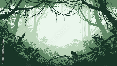 Silhouetted tropical jungle scene with dense foliage vines and palm trees in various shades of green creating a misty atmosphere.