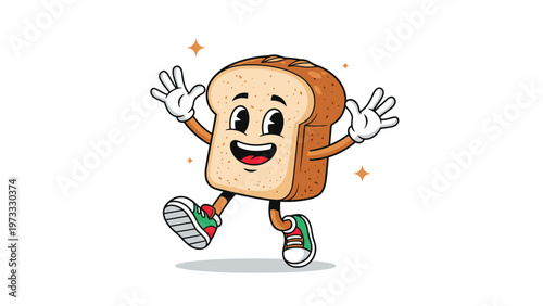 Cheerful cartoon slice of bread character with a happy face wearing colorful sneakers and waving its hands in a joyful pose on white.