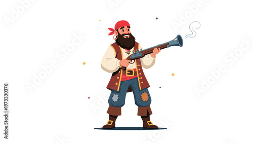 Illustration of a bearded pirate character in traditional clothing holding a large blunderbuss gun with smoke coming from the barrel.