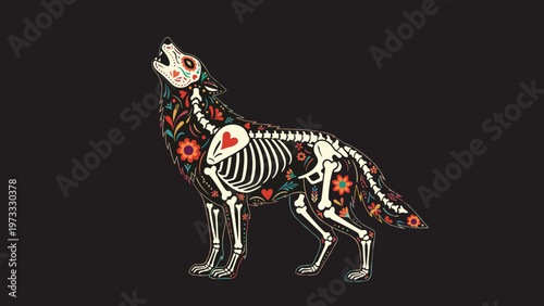 Howling wolf silhouette decorated with day of the dead skeleton bones and colorful floral patterns on a dark background.
