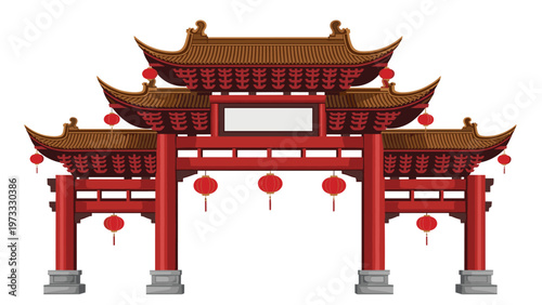 Traditional red chinese gate architectural structure adorned with hanging lanterns and tiered roofs on a plain white background.
