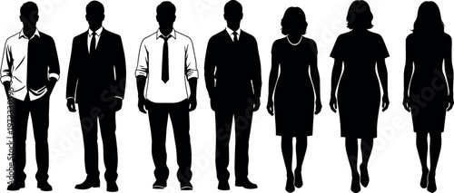 Professional silhouettes of diverse businessmen and businesswomen standing in a row representing teamwork, corporate leadership, career growth, and workplace diversity.