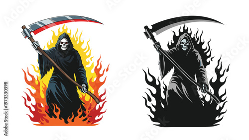Grim reaper character holding a large scythe in two variations with one featuring a bright background of orange and yellow flames.