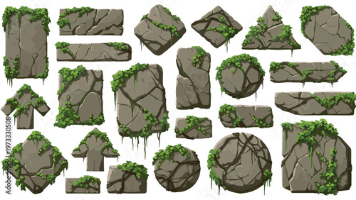 Set of twenty various grey stone platforms and rock fragments covered in green moss for game level design or nature themes.
