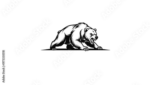 Black and white illustration of an aggressive grizzly bear in a low defensive growling pose on a horizontal ground line.