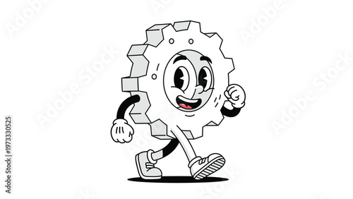 Happy vintage style cartoon gear mascot with arms and legs walking cheerfully with a big smile on a white background.