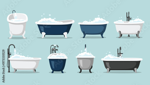 Selection of eight stylish clawfoot bathtubs in different colors like white blue and grey with flowing water and bubbles.