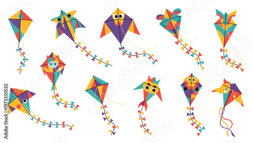 Set of eleven colorful kites with long decorated tails in various geometric and animal shapes like birds and fish.
