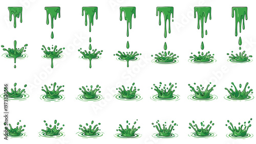 Set of sequential animation frames showing a drop of green liquid slime falling and creating various splash effects.
