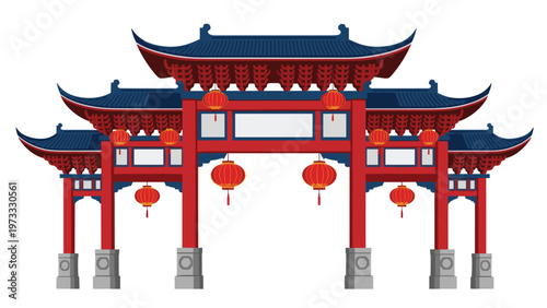 Traditional Chinese gate or paifang features red pillars and dark blue roofs decorated with hanging red lanterns on a white background.