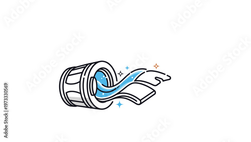 Front load washing machine drum with clean laundry coming out is depicted in a simple line art style with blue accents.