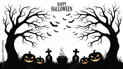 Spooky halloween silhouette landscape includes gnarled trees, flying bats, carved pumpkins, a bubbling cauldron, and graves under a white sky.