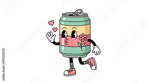 Retro cartoon soda can character with a smiling face and pink shoes walks happily while holding a flower and blowing a kiss.