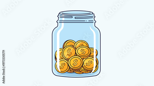 Clear glass savings jar is filled to the top with shiny gold dollar coins representing financial growth, budgeting, and wealth accumulation.