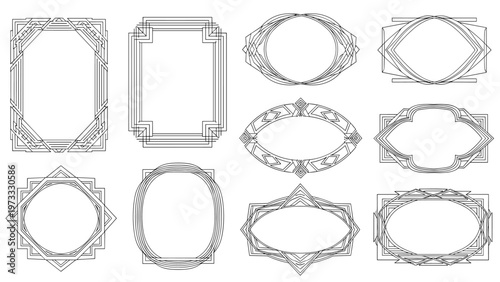 Collection of art deco style frames and borders features elegant geometric patterns and linear designs in black on a white background.