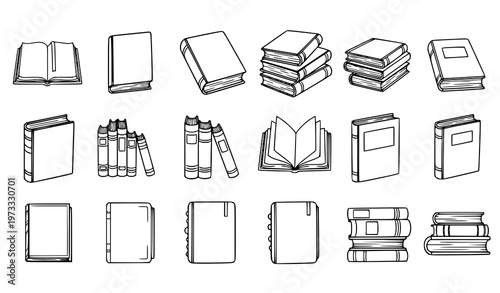 Hand Drawn Book Line Icons Open Closed Books Vintage Library Vector Set